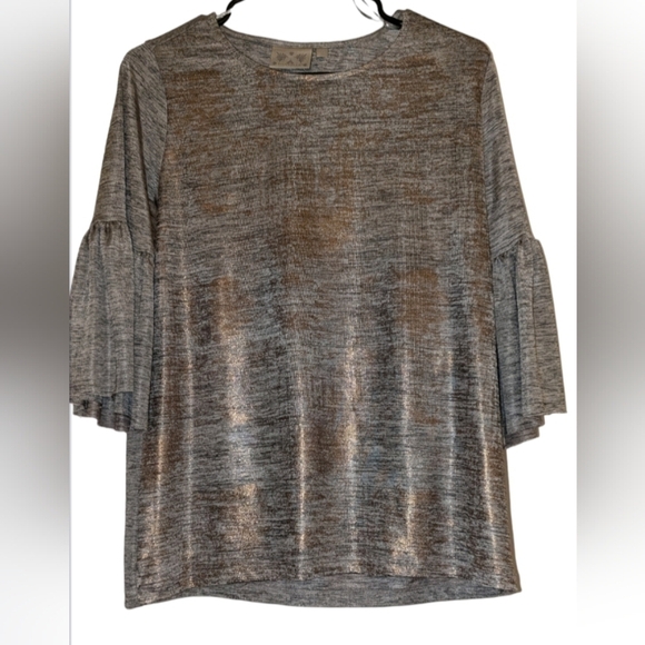 ✨ DANTELLE Metallic Gray & Gold Frill Blouse (S) - Sheer Glam - Party Perfect ✨ - Picture 1 of 4